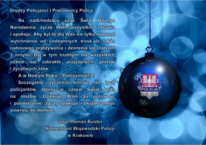 Obrazek przedstawia niebieską kartkę świąteczną z bombką oraz życzeniami.
