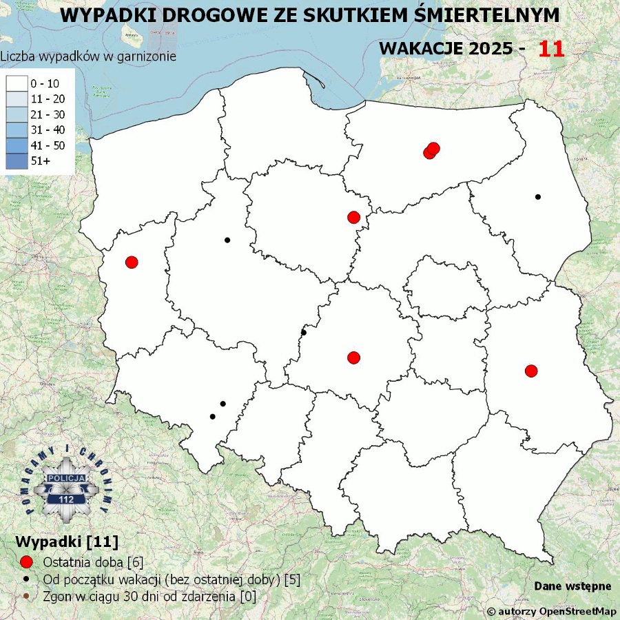 Mapa prezentująca liczbę wypadków poprzedniej doby w Polsce. Prezentowane dane są dostępne w tekście poniżej.