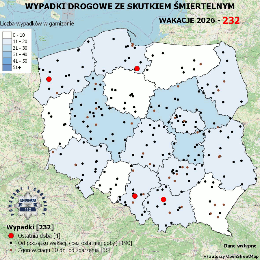 Mapa prezentująca liczbę wypadków poprzedniej doby w Polsce. Prezentowane dane są dostępne w tekście poniżej.