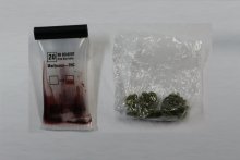 Na zdjęciu widać marihuanę w woreczku foliowym a obok tester zabarwiony na ciemną czerwień.