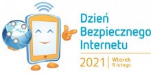 Grafika ilustrująca kampanię o nazwie Dzień Bezpiecznego Internetu.  Kolorowy ekran komputera a obok hasło Dzień Bezpiecznego Internetu 2021 9 luty