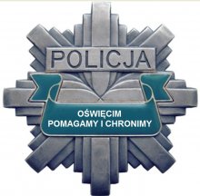 Logo oświęcimskiej Policji z napisem Policja Oświęcim pomagamy i chronimy