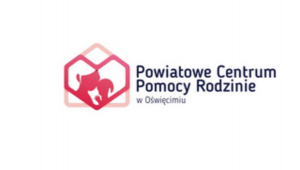 Logo Powiatowego Centrum Pomocy Rodzinie w Oświęcimiu wizerunek matki i dziecka pod dachem w kształcie serca.