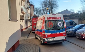 Na zdjęciu pojazdy służb ratowniczych przed blikiem