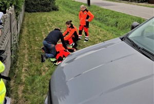 kierowca ćwiczy resuscytację na fantomie obok uczennice