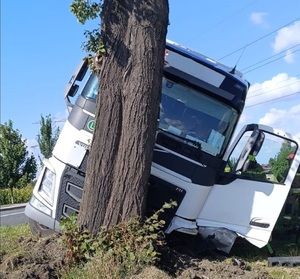 Uszkodzony tir uderzył w drzewo