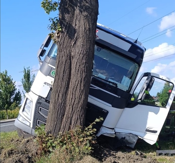 Uszkodzony tir uderzył w drzewo