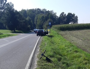 Hulajnoga na poboczu w oddali samochód
