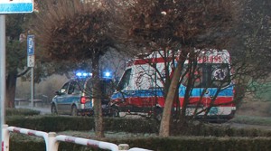 karetka i radiowóz za drzewami