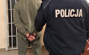 policjant z zatrzymanym przed kratami