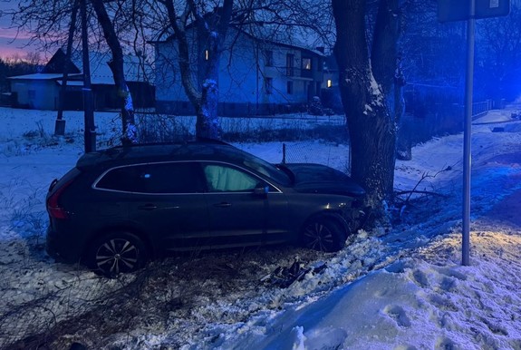 uszkodzony samochód przy drzewie