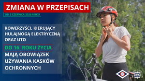 Plakat KGP. Obowiązkowy kask na hulajnodze i rowerze do 16 roku życia
