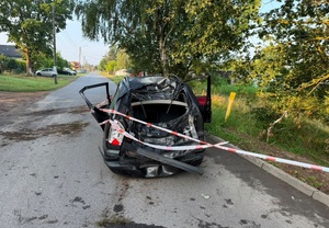 Na zdjęciu uszkodzony samochód na drodze obok drzewa