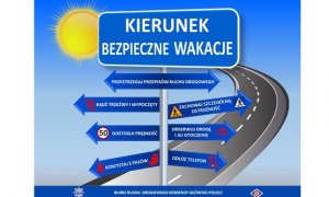 Plakat przedstawiający drogowskaz z różnymi kierunkami z napisem Kierunek bezpieczne wakacje