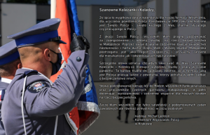 Na zdjęciu policjant oddający honory w tle flaga i tekst życzeń