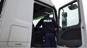 Na zdjęciu policjant podczas kontroli ciężarówki.